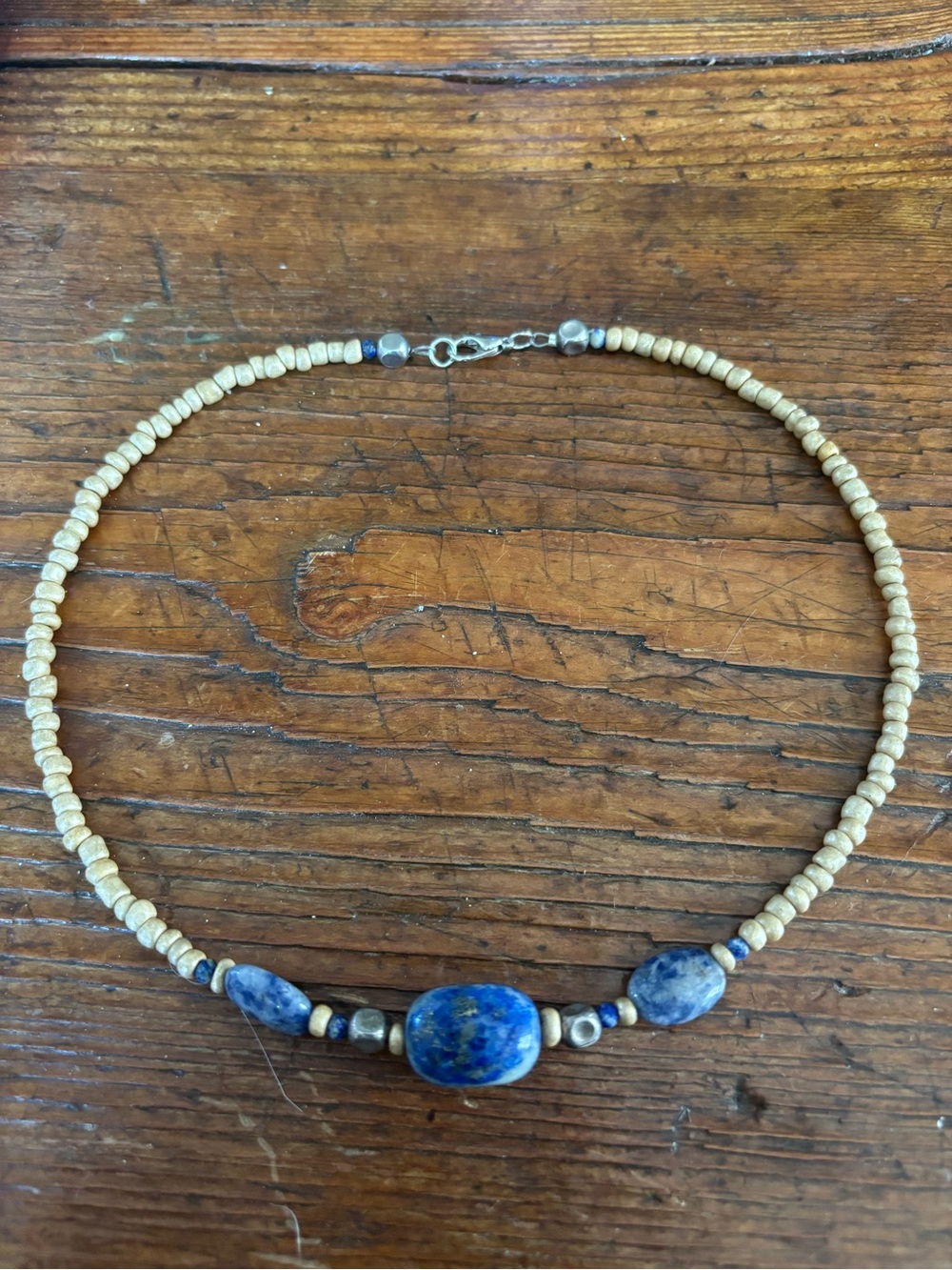 Handmade Lapis Accent Bead Necklace in Blue and Beige